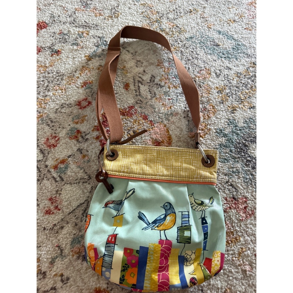 Fossil Key-Per Crossbody Bag Blue Bird Book Print Coated Canvas Multicolor
